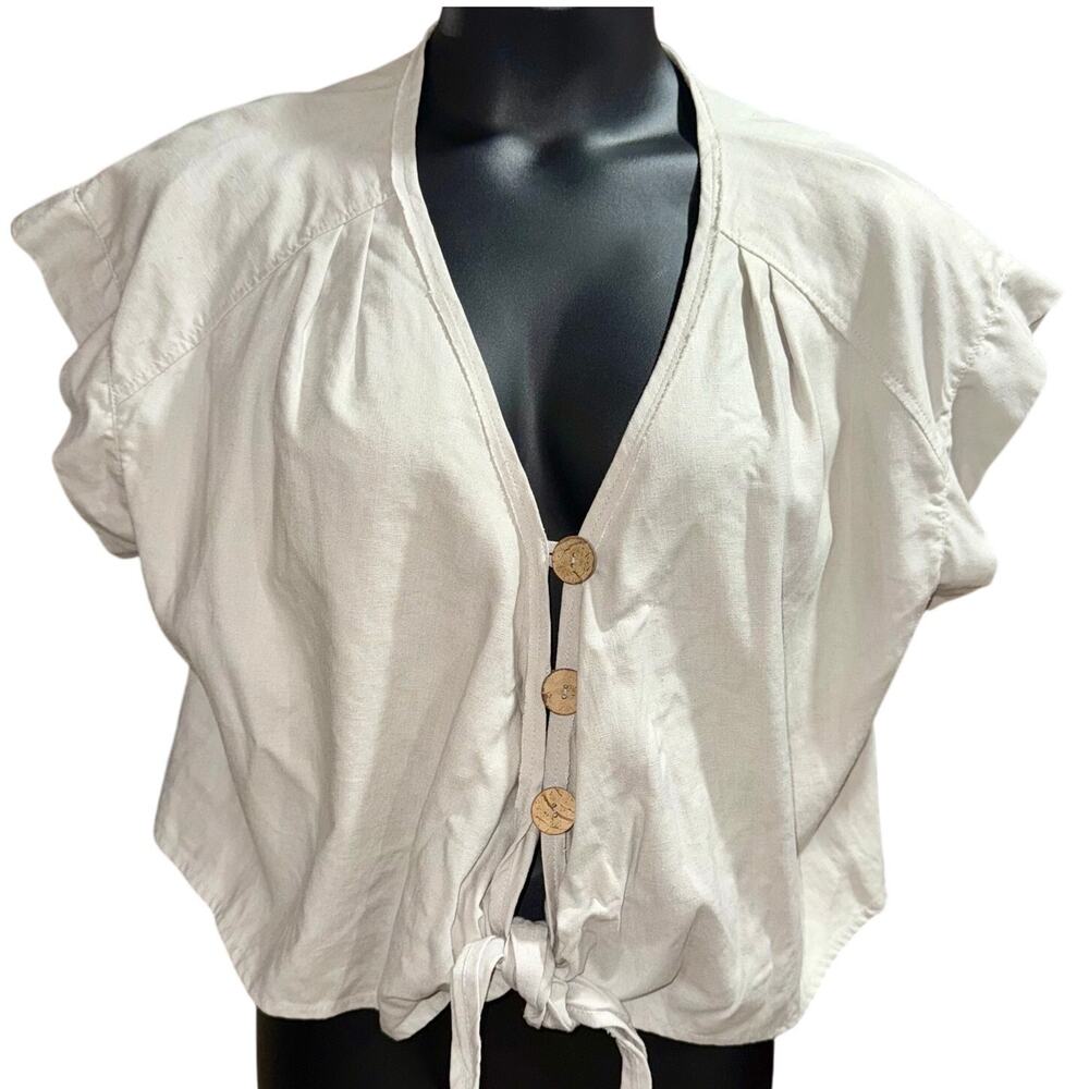 B&A Beige Abstract Print Button-Up Crop Top with Tie Bottom Cap Sleeves SZ XL